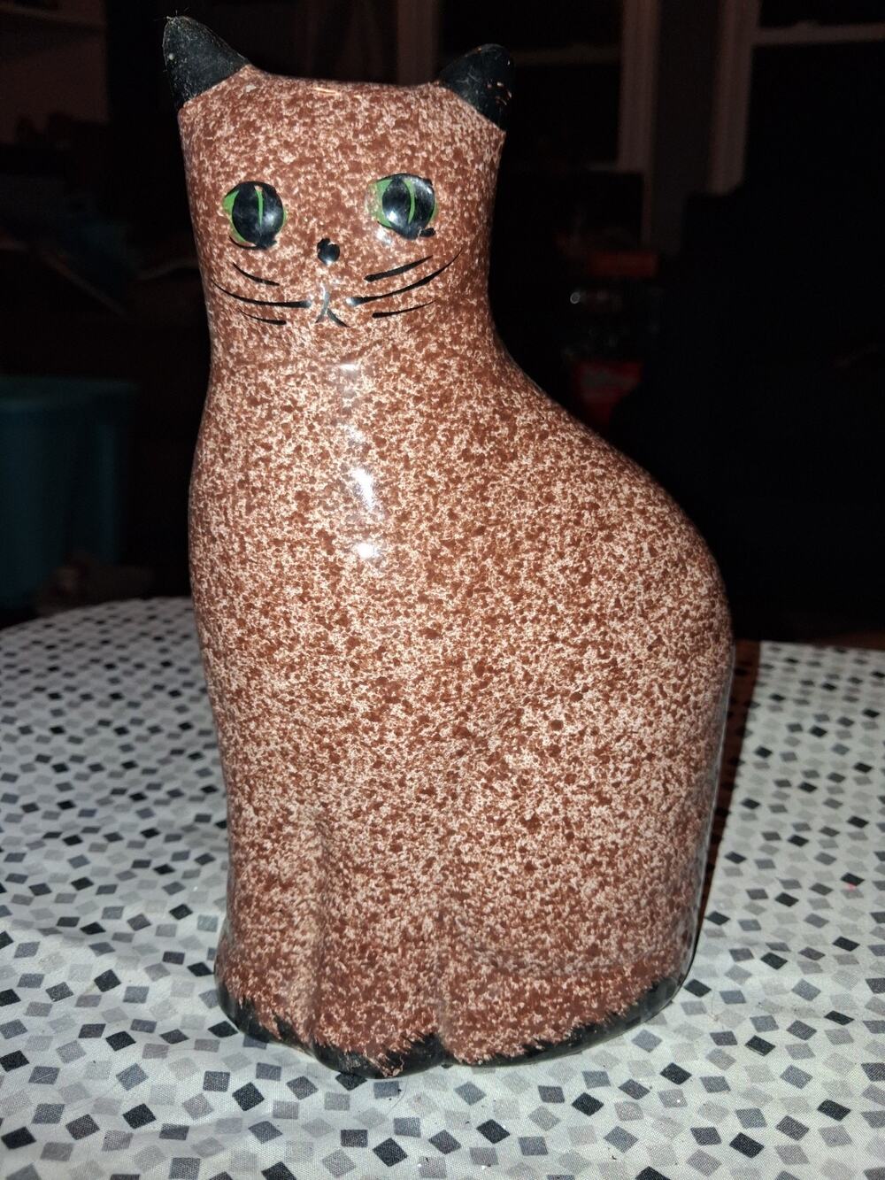 Vintage 80's Folk Art Style Brown Spongeware CAT Pottery COIN BANK 8.5" Tall